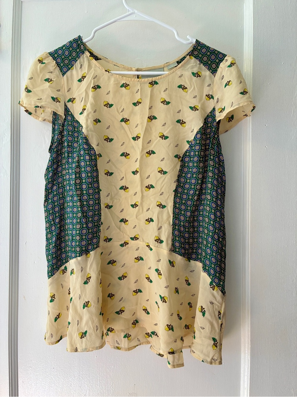 Maeve Cream and Teal Patchwork Short-Sleeve Blouse
